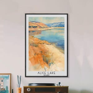 Alice Lake Idaho Framed Canvas Print: Watercolor Landscape Art