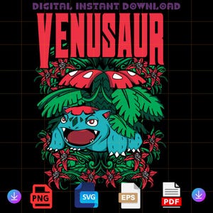 May include: A digital illustration of a blue Venusaur Pokemon with red eyes, standing in a lush green jungle with red flowers and a large red mushroom. The text "VENUSAUR" is written in red letters above the Pokemon.