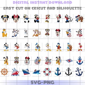May include: A set of 36 SVG and PNG digital cut files featuring Mickey Mouse, Minnie Mouse, Donald Duck, and Goofy in various nautical themed poses. The images include anchors, ships, life preservers, and steering wheels.  The files are easy to cut on Cricut and Silhouette machines.