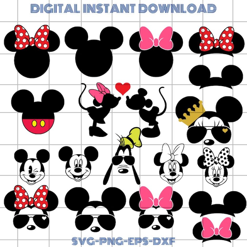Op de afbeelding: Directe digitale download met verschillende Mickey en Minnie Mouse ontwerpen. Bevat silhouetten, gezichten en met strikken versierde oren in rood, roze en zwart. Tekst bovenaan luidt "DIGITAL INSTANT DOWNLOAD" en onderaan "SVG-PNG-EPS-DXF".