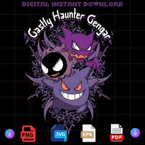 Könnte beinhalten: Ein digitaler Download eines lila, schwarzen und weißen Grafikdesigns mit den Pokémon-Charakteren Gengar, Haunter und Gastly. Der Text "Gastly Haunter Gengar" ist in einer gotischen Schriftart um die Charaktere geschrieben.
