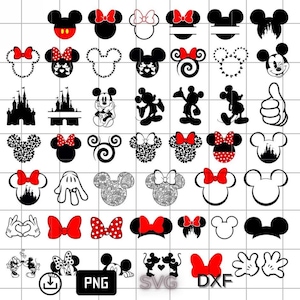 Op de afbeelding: Een verzameling zwart-rode Mickey Mouse en Minnie Mouse thema-ontwerpen. Bevat silhouetten, strikken, kasteel- en handillustraties. De afbeelding bevat ook de tekst "PNG", "SVG" en "DXF".