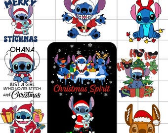 Könnte beinhalten: Sofortiger digitaler Download mit verschiedenen Stitch-Charakterdesigns in Weihnachtskleidung. Die Designs zeigen Stitch mit Weihnachtsmützen, Geschenken und umgeben von festlichen Elementen. Der Text enthält "Merry", "Stichmas" und "Christmas Spirit".