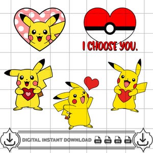 May include: A digital download graphic featuring Pikachu characters in various poses with hearts. One design shows Pikachu inside a pink heart with white polka dots. Another design has the text "I CHOOSE YOU."