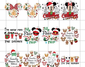 May include: Digital instant download featuring various Christmas-themed designs. Includes Mickey and Minnie Mouse ears, characters with Santa hats, and text like "Christmas", "My First Disney Trip", and "Snacking Around the World".