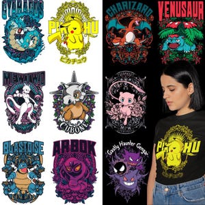 Pode incluir: Uma colagem de nove personagens diferentes de Pokémon, cada um com um design e esquema de cores único. Os personagens estão dispostos em um padrão de grade, com a linha superior apresentando Charizard, Venusaur e Pikachu. A linha do meio apresenta Mewtwo, Cubone e Mew. A linha inferior apresenta Blastoise, Arbok e Gengar. Os personagens estão todos cercados por intrincados designs florais.
