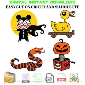 Op de afbeelding: Een set van vier digitale snijbestanden met een Halloween-thema. De bestanden bevatten een zwart-wit monster met een cape, een gele eend met rode bloedspatten, een uitgeholde pompoen in een doos en een gestreepte slang. De bestanden zijn beschikbaar in de formaten PNG, SVG, EPS, PDF en JPEG.