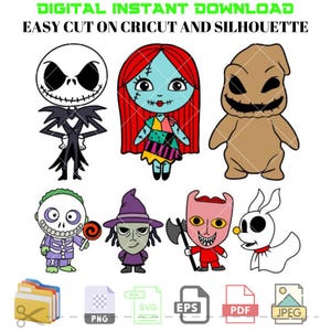 May include: Digital download of seven cartoon characters from the Nightmare Before Christmas movie. The characters include Jack Skellington, Sally, Oogie Boogie, the Mayor, Lock, Shock, and Barrel. The characters are in a colorful cartoon style and are ready to be cut on a Cricut or Silhouette machine.