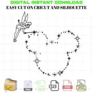 May include: Black and white digital download of Tinkerbell flying and sprinkling pixie dust in the shape of Mickey Mouse's ears.  The image is on a white grid background.  The file formats included are PNG, SVG, EPS, PDF, and JPEG.