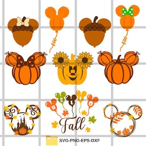 May include: A set of 10 digital cut files featuring Mickey Mouse ears with various fall-themed designs, including pumpkins, acorns, sunflowers, and a "Fall" banner. The files are available in SVG, PNG, EPS, and DXF formats.