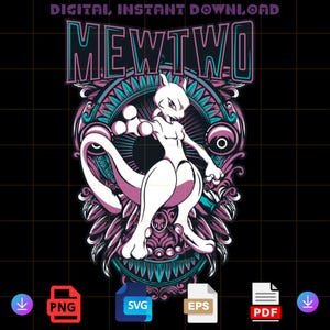 May include: A digital illustration of a purple and blue Mewtwo Pokemon character with the text "MEWTWO" in a purple and blue font.