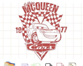 May include: Red and white checkered racing flags with the words "Lightning McQueen" and "Cars" in a distressed font. The image also includes a cartoon image of Lightning McQueen, the red race car from the Disney Pixar movie Cars.