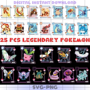 Könnte beinhalten: Digitaler Download mit 25 Illustrationen legendärer Pokémon. Jedes Pokémon wird in einem quadratischen Rahmen mit einer eindeutigen Nummer dargestellt. Das Bild zeigt verschiedene Pokémon-Typen, mit dem Text "DIGITAL INSTANT DOWNLOAD" und "25 PCS LEGENDARY POKEMON".
