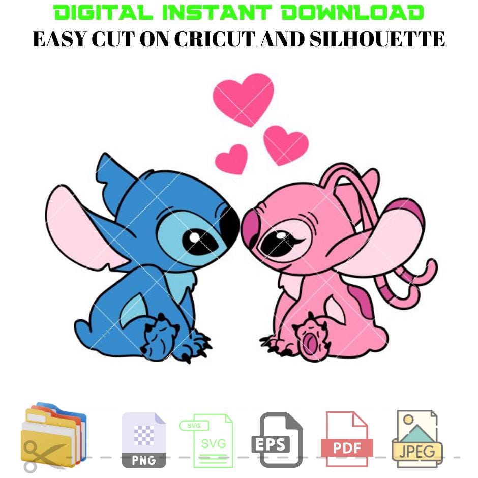 Stitch and Angel Svg, Love Svg, Valentine’s Day Svg, Kawaii Svg, Cricut, Silhouette Vector Cut File