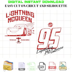 Op de afbeelding: Rood en wit digitaal snijbestand van Lightning McQueen uit de Disney Pixar film Cars. Het bestand bevat een cartoon afbeelding van Lightning McQueen, het nummer 95 en de tekst "Lightning McQueen".