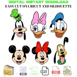 May include: Digital download of five cartoon character heads: Mickey Mouse, Minnie Mouse, Goofy, Donald Duck, and Pluto. The characters are in a colorful cartoon style. The file formats included are PNG, SVG, EPS, PDF, and JPEG.