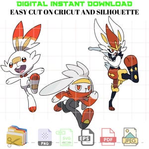 May include: Three digital illustrations of a white rabbit Pokémon with red accents. The Pokémon are in different poses, one is running, one is standing with a leg raised, and one is standing with its arms outstretched. The illustrations are in a cartoon style and are suitable for cutting on a Cricut or Silhouette.