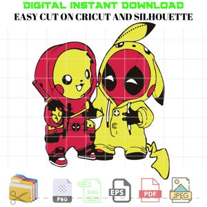 Może przedstawiać: Cyfrowy plik do pobrania z projektem postaci z kreskówek w kolorze czerwonym i żółtym, przedstawiającym Pikachu i Deadpoola. Postacie noszą swoje wzajemne kostiumy. Obrazek znajduje się na białym tle z siatką.