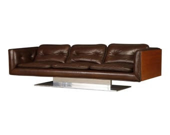 Warren Platner Walnut and Leather Floating Case Sofa for Lehigh Leopold, c. 1970