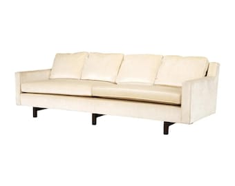 Edward Wormley for Dunbar Ivory Velvet Sofa w Hexagonal Walnut Legs, 1950s