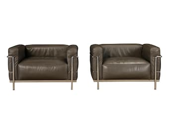 Early Year Grey Leather 'LC3' Club Chairs by Le Corbusier for Cassina, Signed