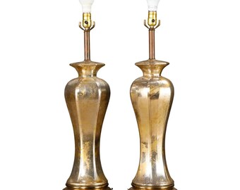 Pair of Italian Mercury Glass Table Lamps with Gilt Brass Bases, Murano, c 1950s