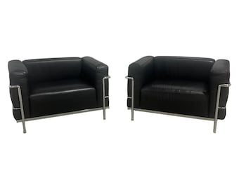 Pair of 'LC3' Black Leather Club Chairs by Le Corbusier for Cassina, Signed
