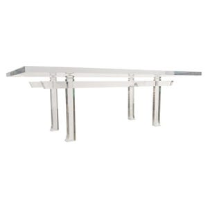 May include: A clear acrylic console table with a rectangular top and four vertical legs. The legs are connected by horizontal supports. The table is approximately 60 inches long, 16 inches wide, and 30 inches high.