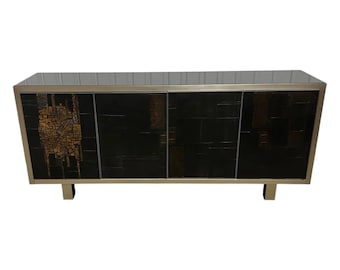 Signed Pia Manu Brutalist Ceramic Relief Sideboard Credenza w Smoked Glass Top