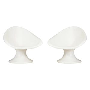 May include: Two white, modern-style chairs. Each chair has a rounded seat and a pedestal base. The chairs are made of a smooth, glossy material and are set against a white background. The design is minimalist.