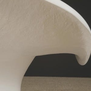 May include: A close-up of a white, curved object with a textured surface. The object has a smooth, rounded edge and a slight overhang, set against a dark background. The shape suggests a sculptural or decorative element.