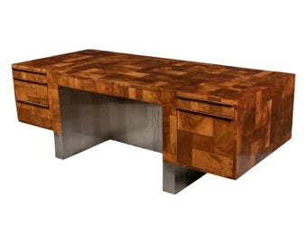 Paul Evans 'Cityscape' Patchwork Burl and Chrome Executive Desk, 1970s, Signed