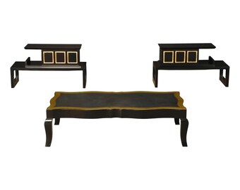James Mont 3-Piece Mirrored Coffee & Gold Leaf End Table Set, c 1960, Signed