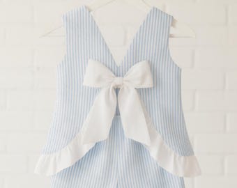 Seaside Stroll Ruffle Back TOP - Blue Seersucker