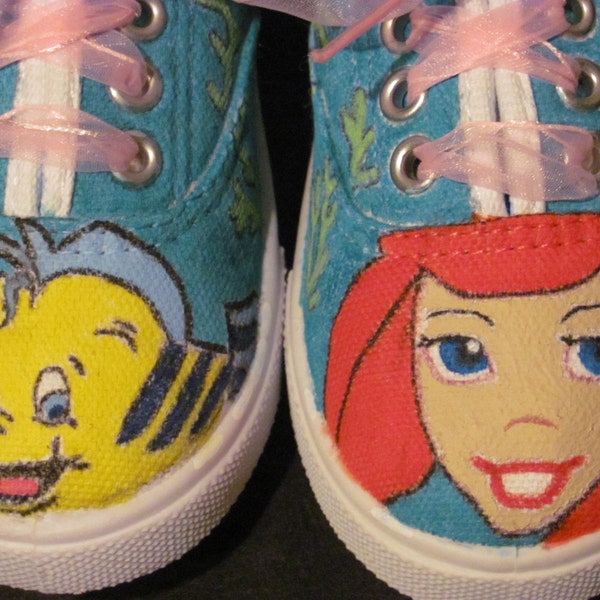 Little Mermaid, Ariel and Flounder hand painted shoes