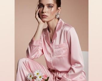 Women's Designer Pink With White Trim Long Sleeve Pajama SET - Luxury Sleepwear by BBLB