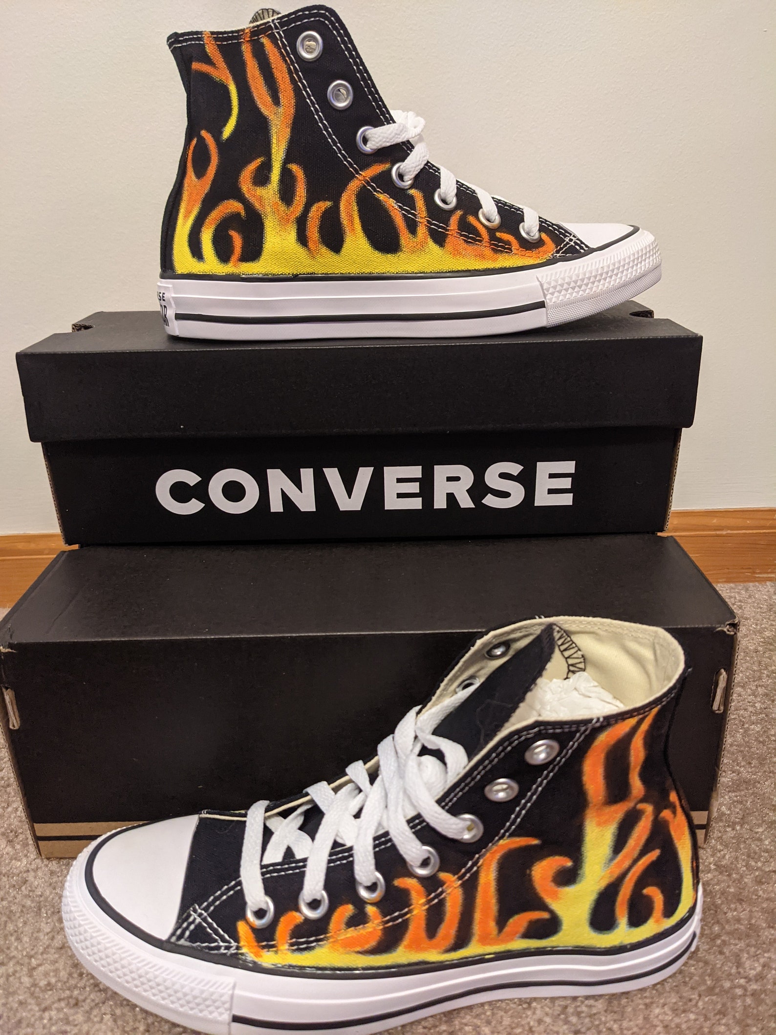 ADULT Converse Chuck Taylor All Star Canvas High Top Hand Painted Flame ...