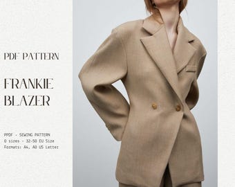 Molde de costura PDF para blazer oversize - Jaqueta estilo vintage - Blazer trespassado 32-50 tamanhos UE - Jaqueta oversize