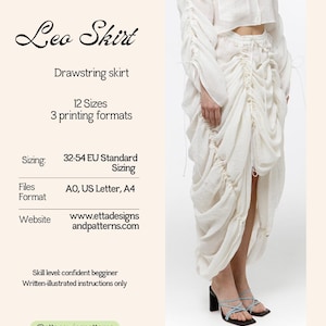May include: A PDF sewing pattern for a Leo Skirt, a drawstring skirt with 12 sizes and 3 printing formats. The text includes Sizing: 32-54 EU Standard Sizing, Files Format: AO, US Letter, A4, and Website: www.ettadesignsandpatterns.com.
