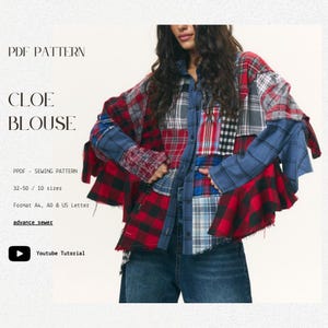 Può includere: Una camicetta patchwork con motivi a quadri rossi, neri, blu e grigi. La camicetta presenta un design con bottoni e maniche svasate. Il testo sull'immagine recita "CLOE BLOUSE" e "PDF PATTERN".