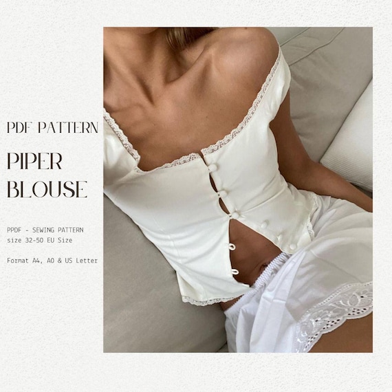 Corset Blouse PDF  Sewing Pattern | Piper Button-Front Top | Milkmaid top (Sizes 32-50)