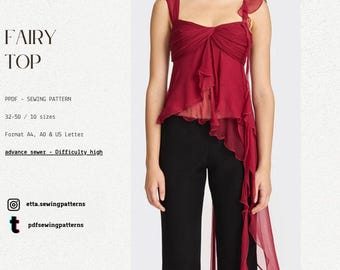 May include: A burgundy-colored Fairy Top, a PDF sewing pattern, is shown. The top features a draped design with a ruffled asymmetrical hem. The pattern includes sizes 32-50 and is for advanced sewers. The text "PDF PATTERN" and "FAIRY TOP" are visible.