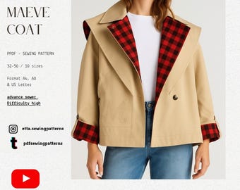 May include: A tan Maeve coat with a red and black plaid lining. The coat has a double-breasted design, a large collar, and the letter "M" embroidered on the front. The image also includes text that says "PDF PATTERN MAEVE COAT".