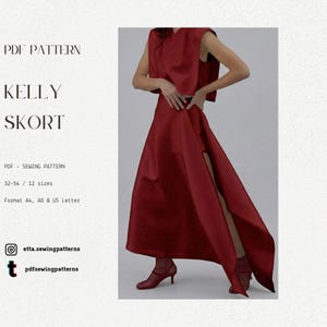 Puede incluir: Un conjunto rojo de dos piezas, con un top sin mangas y una falda con una abertura alta. La imagen incluye el texto "PDF PATTERN KELLY SKORT" y detalles del patrón de costura. El conjunto se usa con tacones rojos a juego.