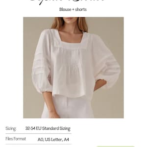 May include: A white blouse with a square neckline, pleated front detail, and voluminous sleeves featuring horizontal bands. The text Sophie Blouse, Blouse + shorts, Sizing: 32-54 EU Standard Sizing, Files Format AO, US Letter, A4, www.ettadesignsandpatterns.com, @ettasewingpatterns is visible.