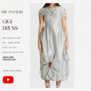 Gigi Dress PDF Sewing Pattern: Bubble sleeves Dress |  Midi Dress with Flower Cutouts | Korean style dress | 32-50 EU Size