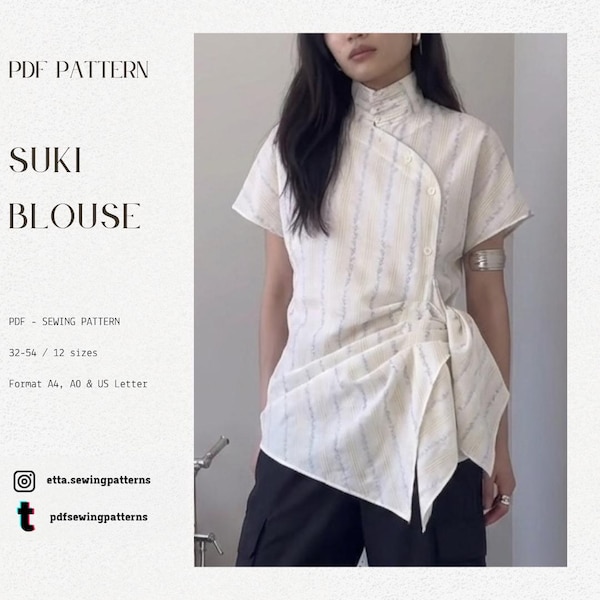 Qipao Sewing Pattern  | tang jacket inspired blouse |  Wrap top |Sizes 32-54 | Japandi Minimalist Top DIY | Japanese Inspired Wrap Blouse