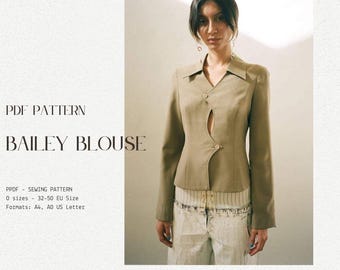 May include: A PDF sewing pattern for a Bailey blouse. The pattern includes sizes 32-50 EU and is available in A4 and A0 formats.
