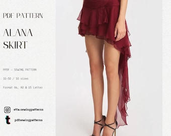May include: A burgundy, layered skirt with a flowing, asymmetrical hemline. The skirt is part of the "ALANA SKIRT" PDF sewing pattern, available in sizes 32-50. The image also includes the etta.sewingpatterns Instagram and pdfsewingpatterns TikTok handles.