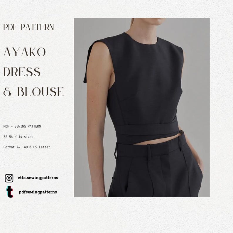 May include: A black sleeveless top and matching high-waisted pants. The top has a wrap-around design at the waist. The image also includes text that reads "AYAKO DRESS & BLOUSE" and "PDF PATTERN".